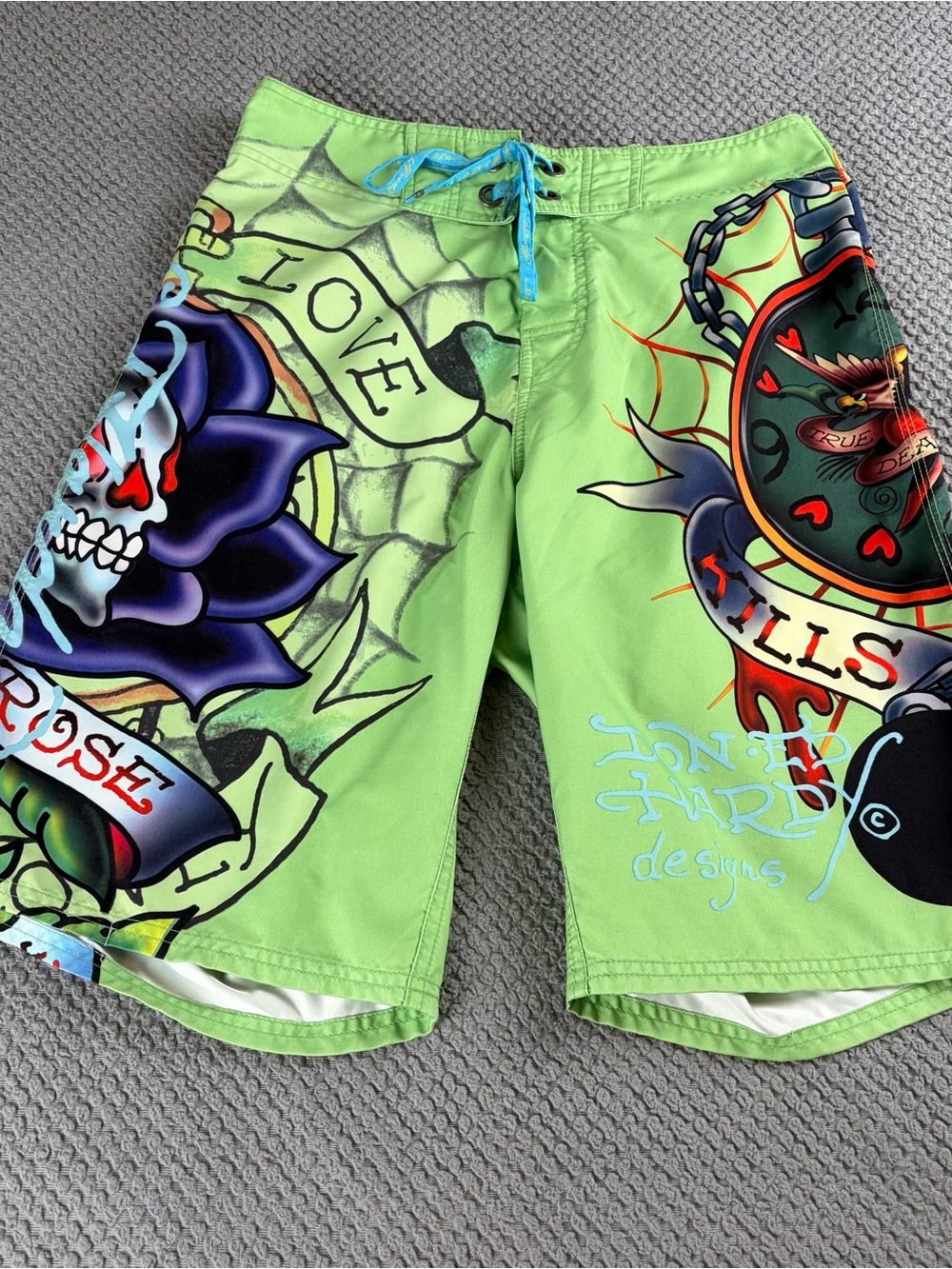Ed Hardy Bright Lime Green Boardshorts with Yellow and Black Tiger Label